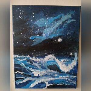 Ocean Wave Night Sky 11 × 14 Canvas Art